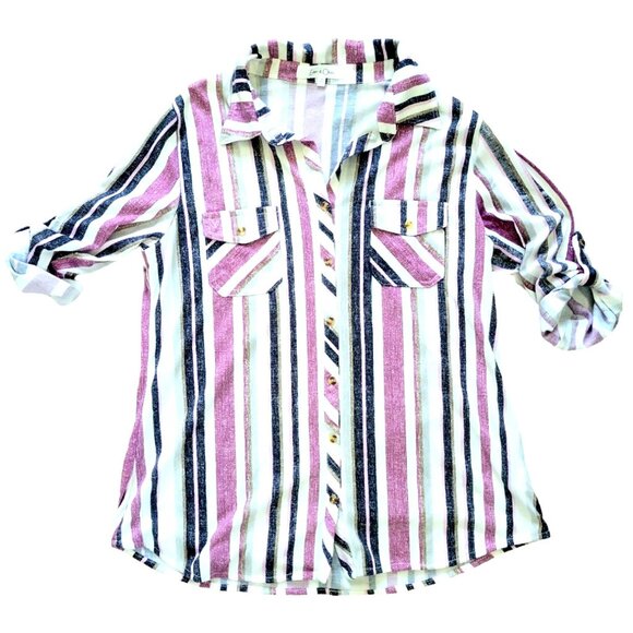 Womens M eden & Olivia purple striped 3/4 sleeve button tab button down top - Picture 4 of 9